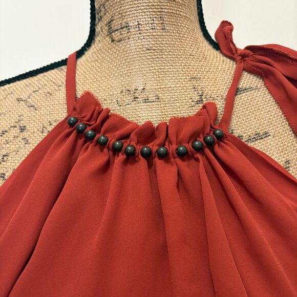 Goldray Rust Orange Beaded Halter Top Asymmetrical Chiffon Blouse Size Small - Picture 2 of 5